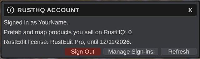 The RustHQ Account dialog after sign-in, with the RustEdit license line and its end date