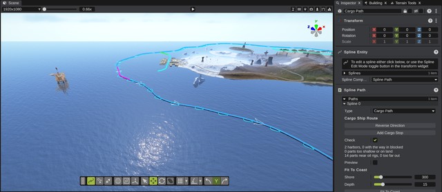 A cargo path with its direction arrows and the route check colors, a cargo stop going in to the harbor, and the Inspector