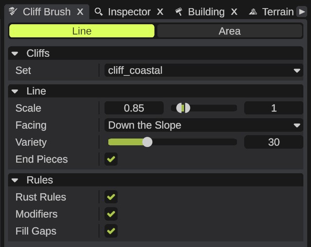 The Cliff Brush panel in Line mode with the Cliffs, Line and Rules sections