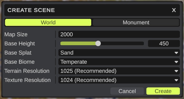 The Create Scene dialog with World picked and Map Size 2000