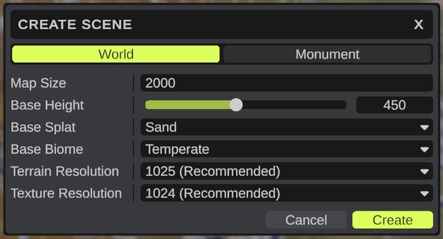 The Create Scene dialog with World picked