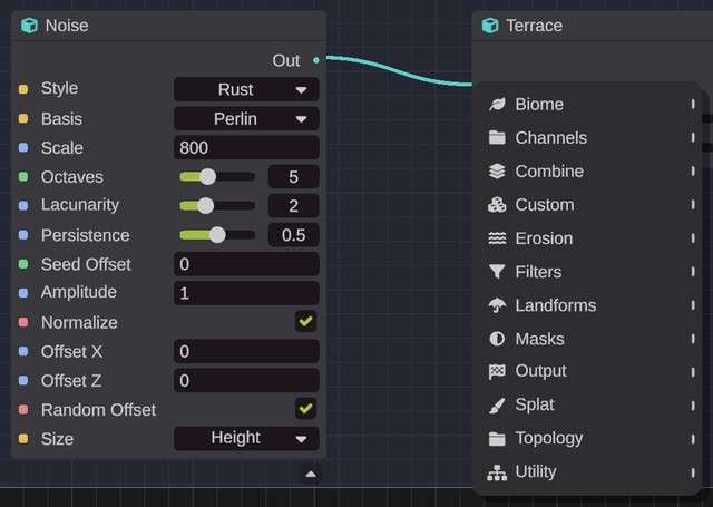The drop-wire menu after dragging a wire from the Noise output, with the node groups that can take it