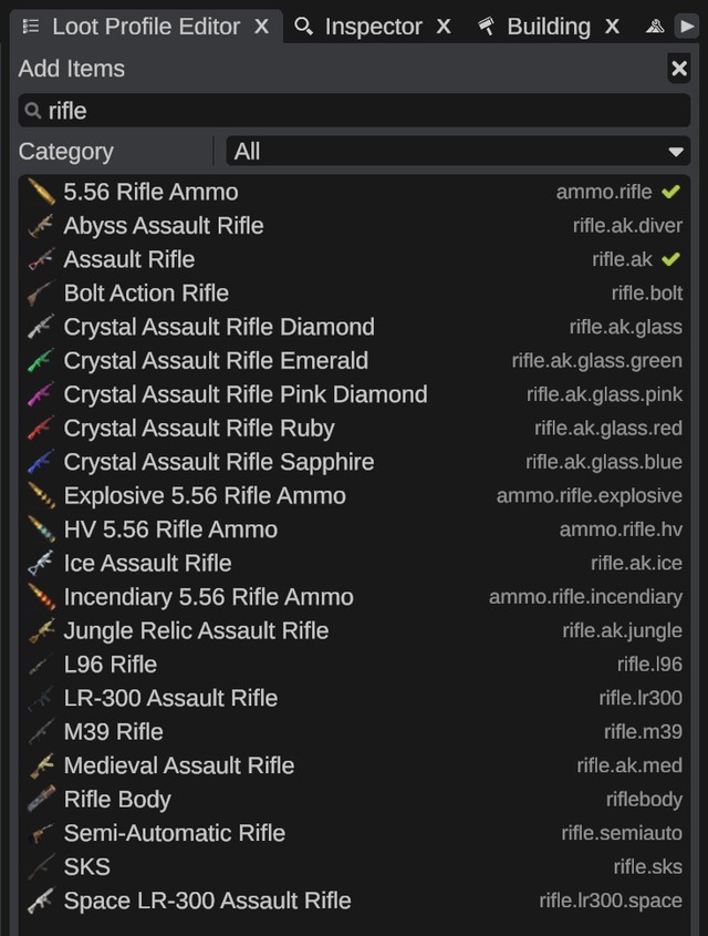 The item picker over the panel, with the search box, the Category list and the matching items, the added ones with a check mark