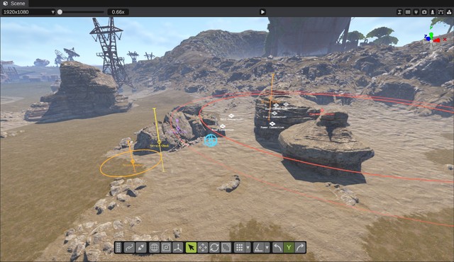 A placed monument with its attributes drawn in the scene view: terrain anchors with their height lines, a terrain check pole, a placement blocker circle and the connection markers, names showing