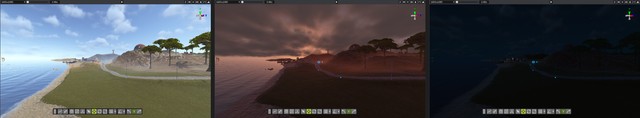 The same spot on a map at noon, at sunset and at night