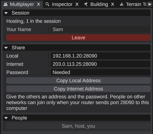 The Multiplayer panel while hosting: the Session section with Leave, the Share section with the addresses, and the People section