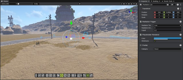 A radiation volume's placeholder sphere selected in the scene, with the Radiation Trigger panel in the Inspector