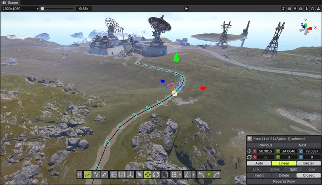 A map with a selected road spline in spline edit mode, its knots and the spline widget