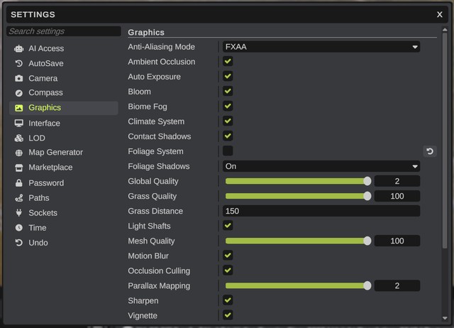 The Settings dialog with the Graphics group open
