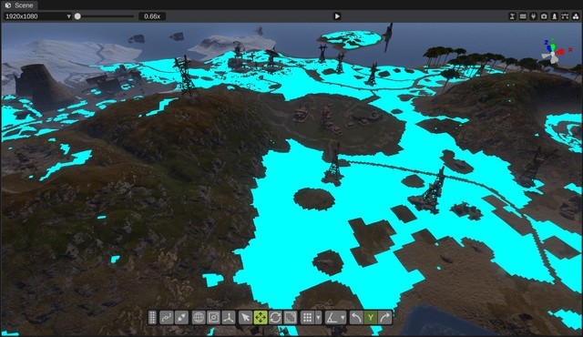 The cyan spawn overlay on the terrain, close up