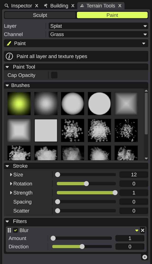 The Terrain Tools panel in Paint mode with Splat and Grass picked