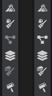 The tool buttons of the tool bar. Left: without a license, Terrain Graph and Cliff Brush are grayed out. Right: the same buttons with RustEdit Pro
