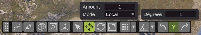 The transform widget with its movement snap box (Amount, Mode) and rotation snap box (Degrees) open