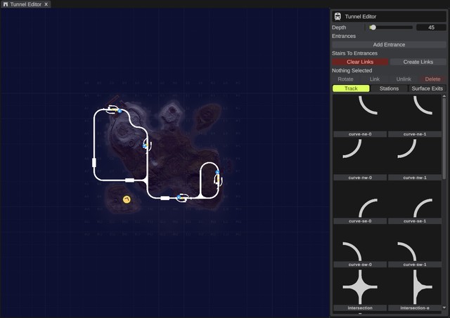 The Tunnel Editor with the map's tunnel loop, its stations and entrances, and the piece palette